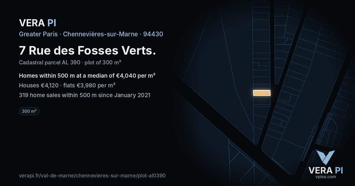 7 Rue des Fosses Verts, Chennevières-sur-Marne at night – the plot lit, the parcels around coloured by the prices near them