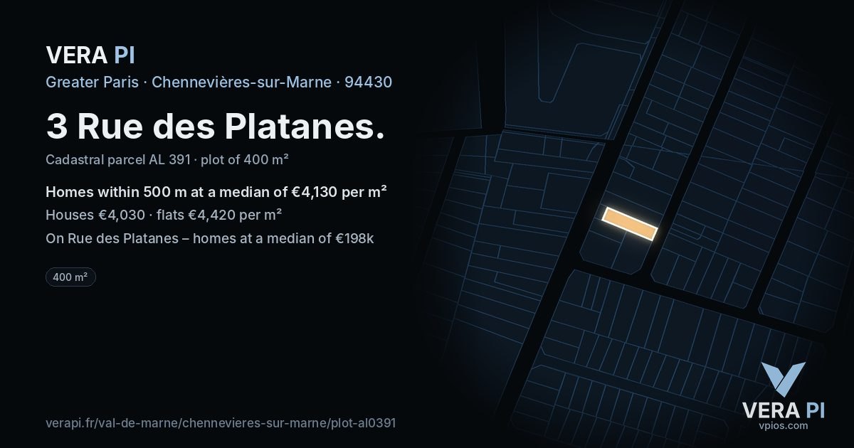 3 Rue des Platanes, Chennevières-sur-Marne at night – the plot lit, the parcels around coloured by the prices near them