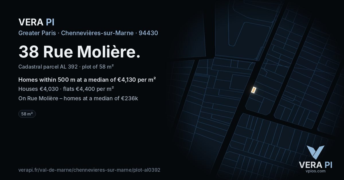 38 Rue Molière, Chennevières-sur-Marne at night – the plot lit, the parcels around coloured by the prices near them
