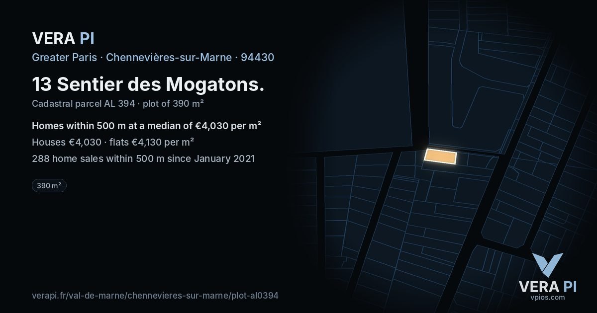 13 Sentier des Mogatons, Chennevières-sur-Marne at night – the plot lit, the parcels around coloured by the prices near them