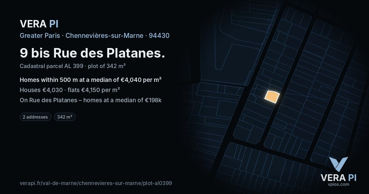 9 bis Rue des Platanes, Chennevières-sur-Marne at night – the plot lit, the parcels around coloured by the prices near them