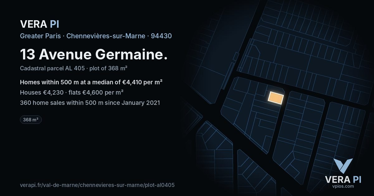 13 Avenue Germaine, Chennevières-sur-Marne at night – the plot lit, the parcels around coloured by the prices near them