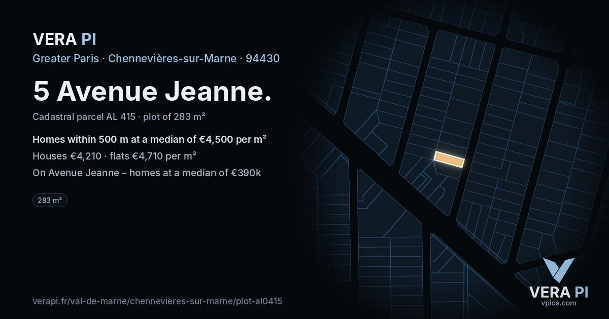 5 Avenue Jeanne, Chennevières-sur-Marne at night – the plot lit, the parcels around coloured by the prices near them