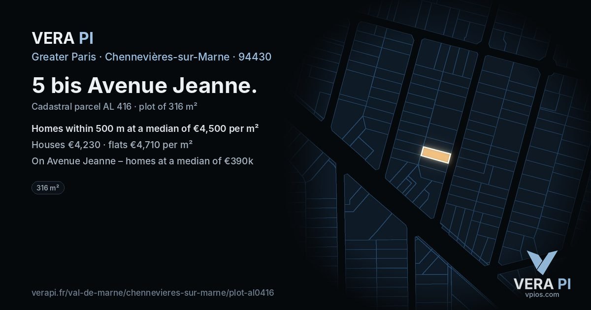 5 bis Avenue Jeanne, Chennevières-sur-Marne at night – the plot lit, the parcels around coloured by the prices near them
