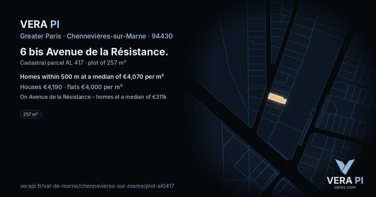 6 bis Avenue de la Résistance, Chennevières-sur-Marne at night – the plot lit, the parcels around coloured by the prices near them