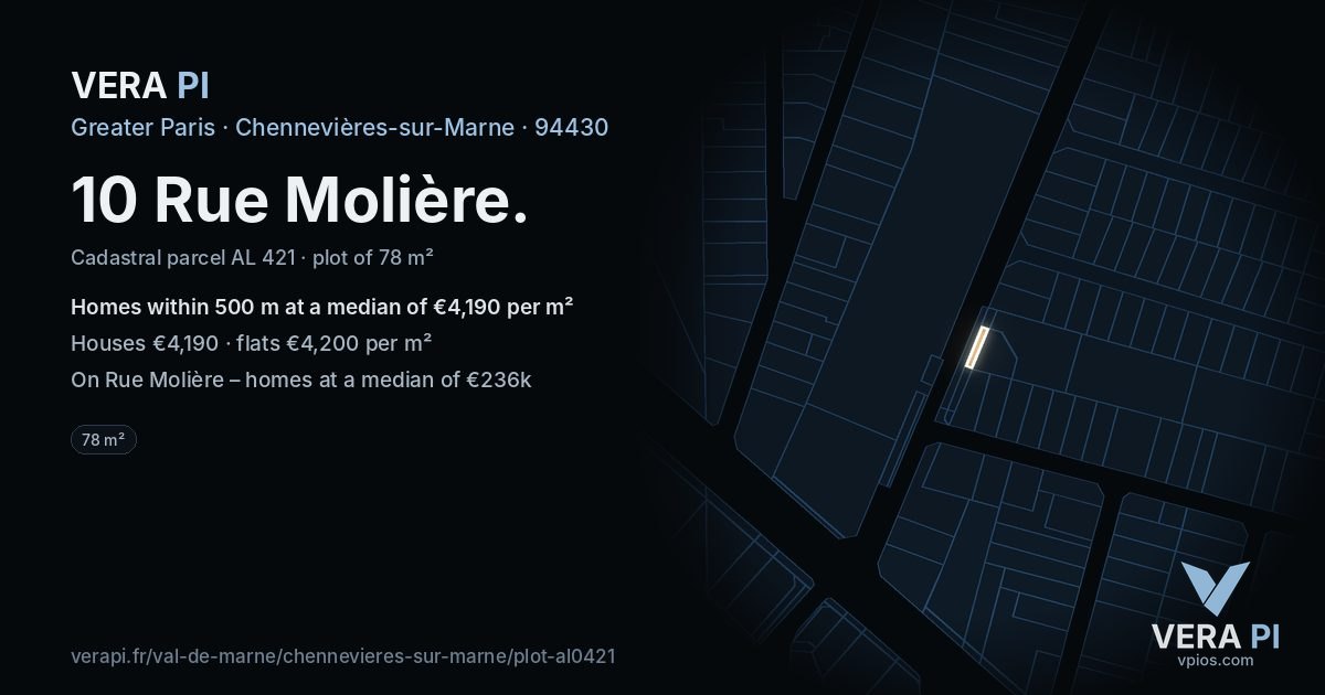 10 Rue Molière, Chennevières-sur-Marne at night – the plot lit, the parcels around coloured by the prices near them