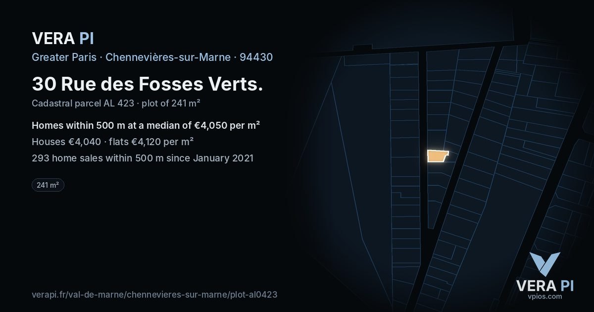 30 Rue des Fosses Verts, Chennevières-sur-Marne at night – the plot lit, the parcels around coloured by the prices near them