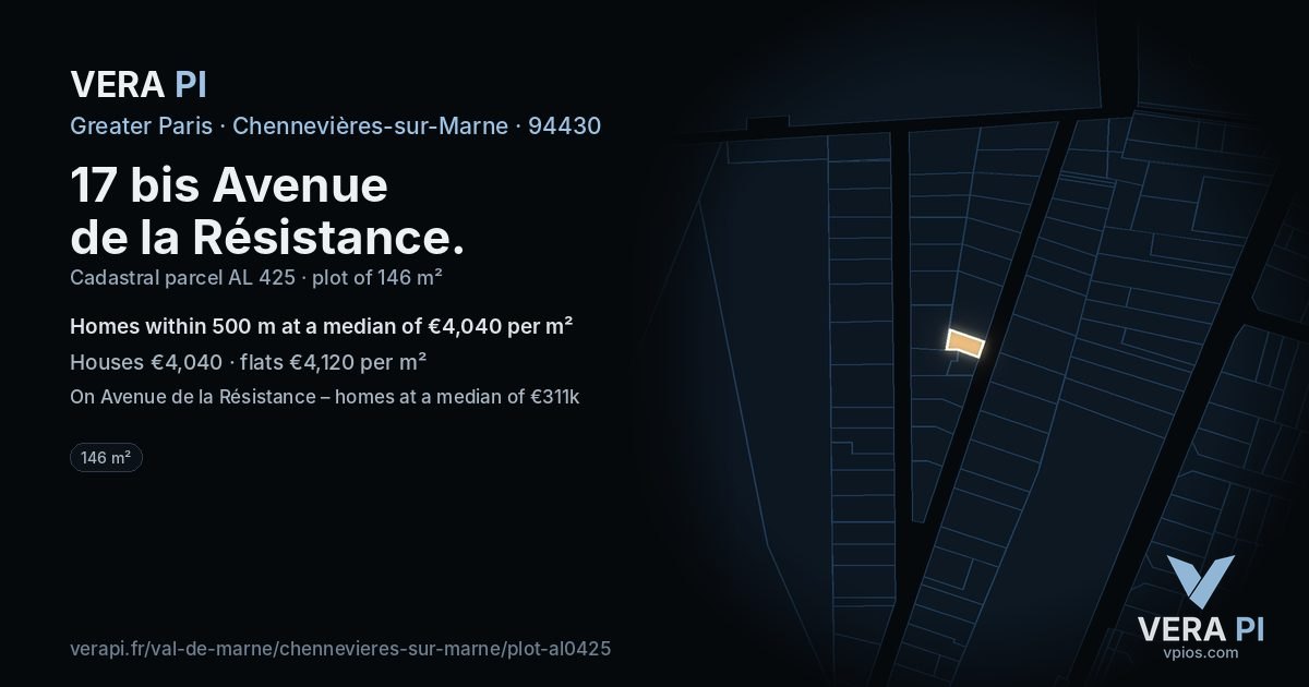 17 bis Avenue de la Résistance, Chennevières-sur-Marne at night – the plot lit, the parcels around coloured by the prices near them