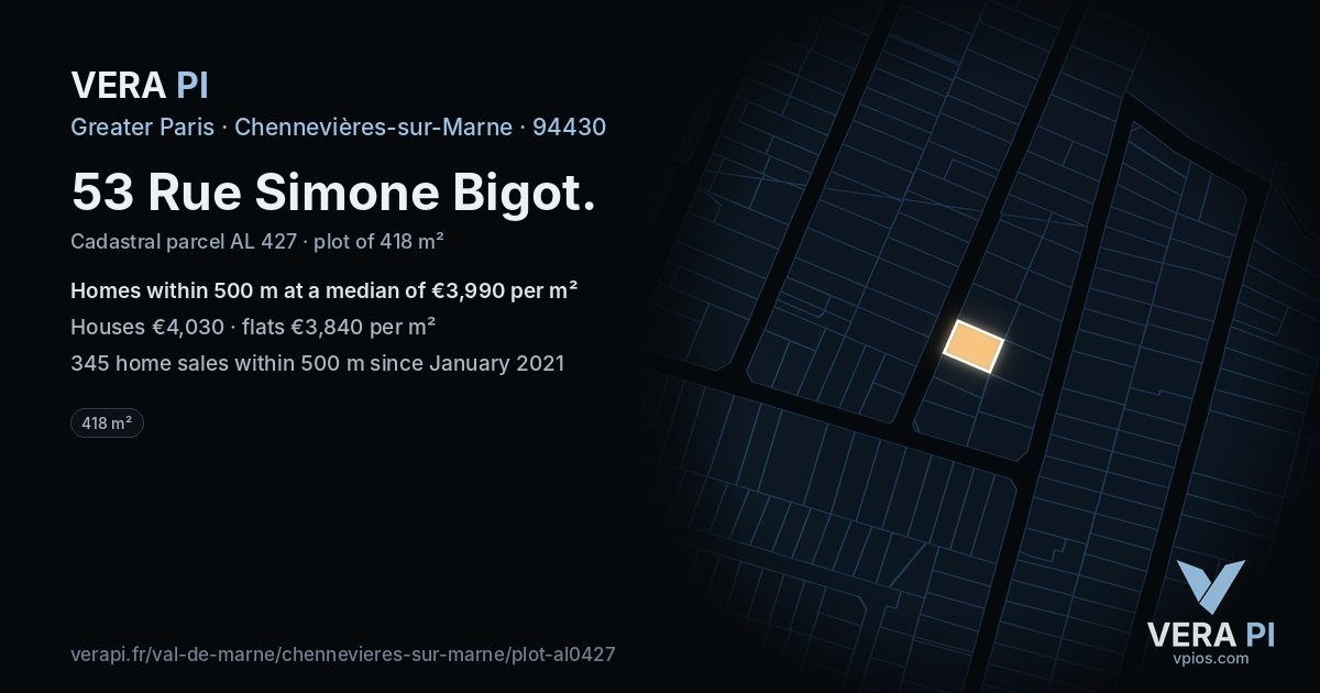 53 Rue Simone Bigot, Chennevières-sur-Marne at night – the plot lit, the parcels around coloured by the prices near them