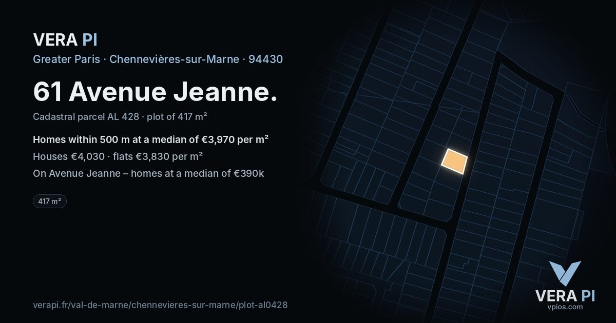 61 Avenue Jeanne, Chennevières-sur-Marne at night – the plot lit, the parcels around coloured by the prices near them