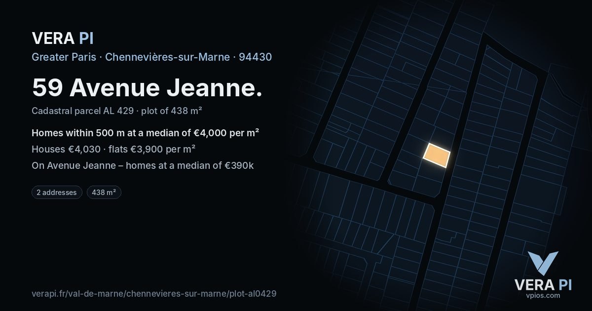 59 Avenue Jeanne, Chennevières-sur-Marne at night – the plot lit, the parcels around coloured by the prices near them