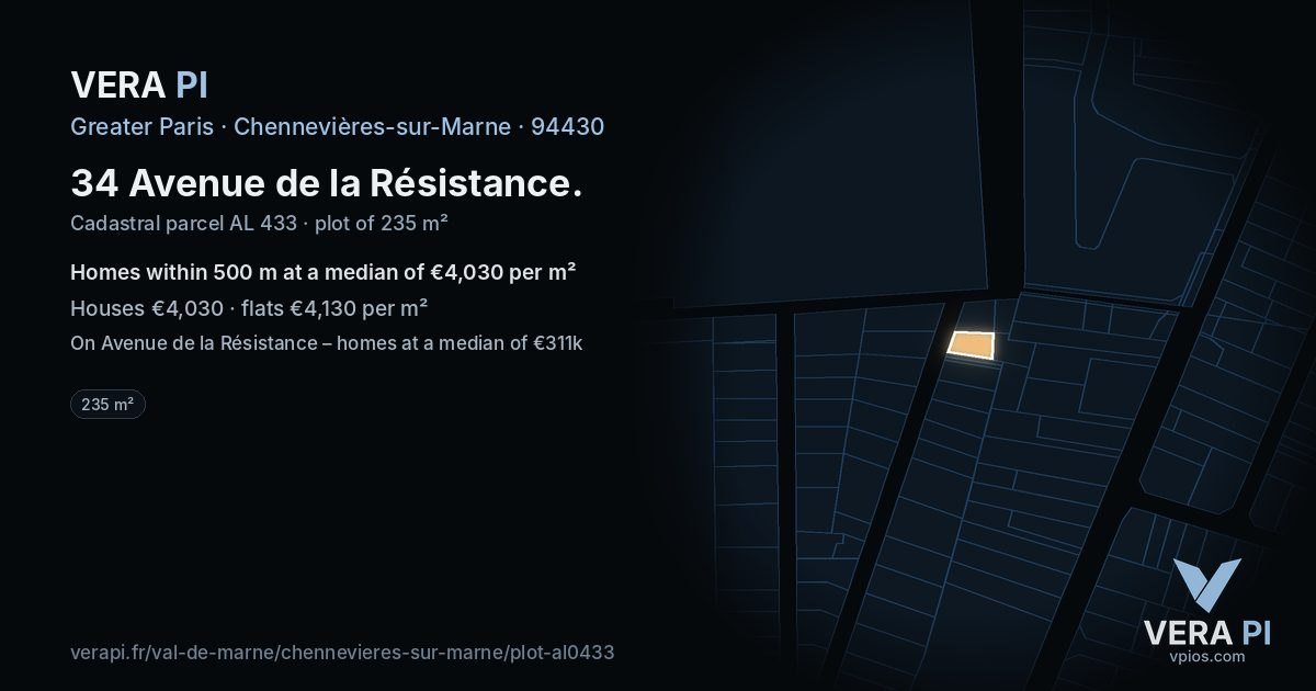 34 Avenue de la Résistance, Chennevières-sur-Marne at night – the plot lit, the parcels around coloured by the prices near them