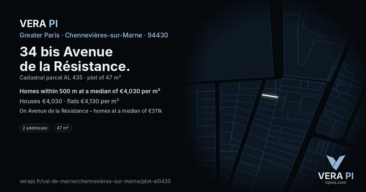 34 bis Avenue de la Résistance, Chennevières-sur-Marne at night – the plot lit, the parcels around coloured by the prices near them