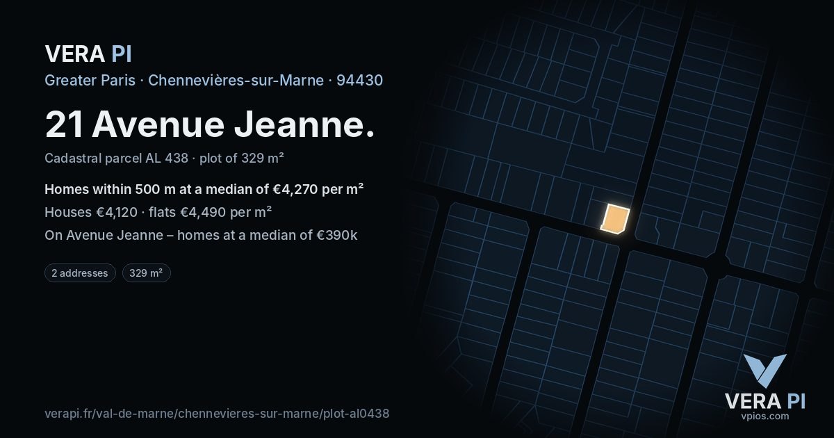 21 Avenue Jeanne, Chennevières-sur-Marne at night – the plot lit, the parcels around coloured by the prices near them