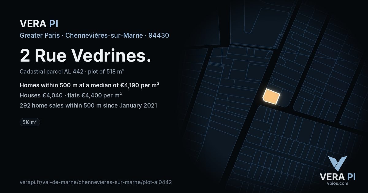 2 Rue Vedrines, Chennevières-sur-Marne at night – the plot lit, the parcels around coloured by the prices near them