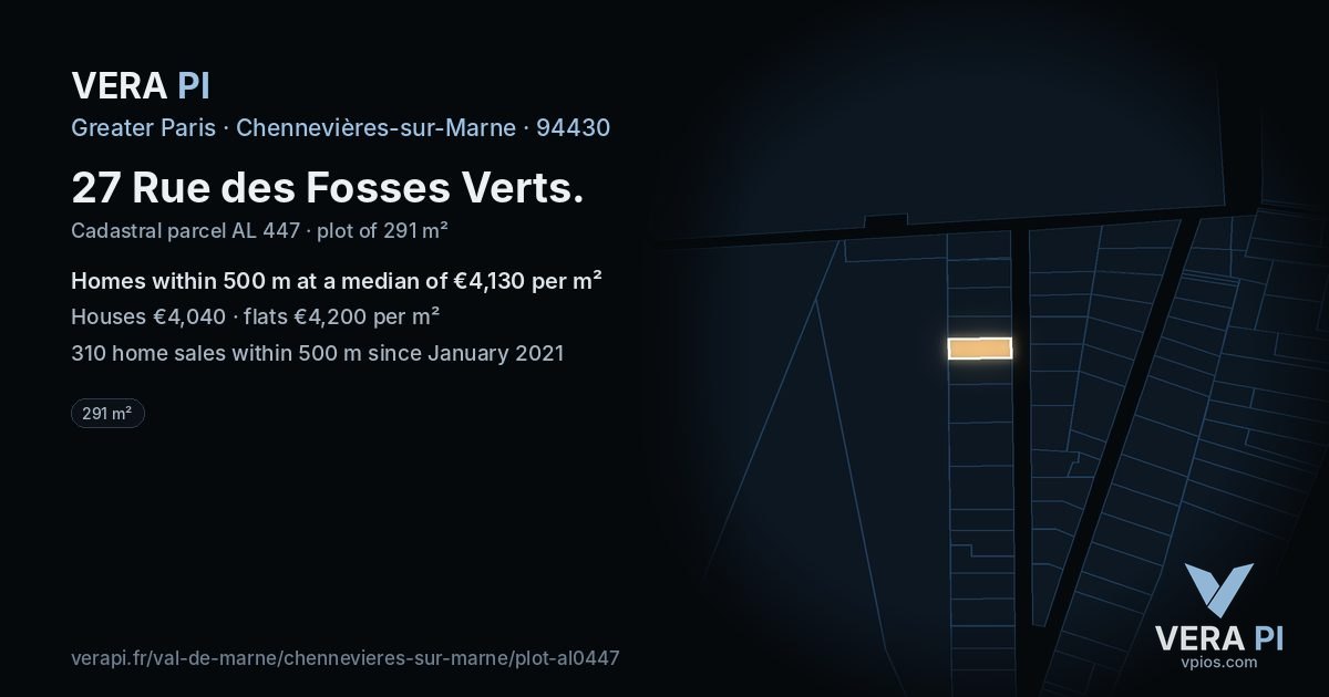 27 Rue des Fosses Verts, Chennevières-sur-Marne at night – the plot lit, the parcels around coloured by the prices near them