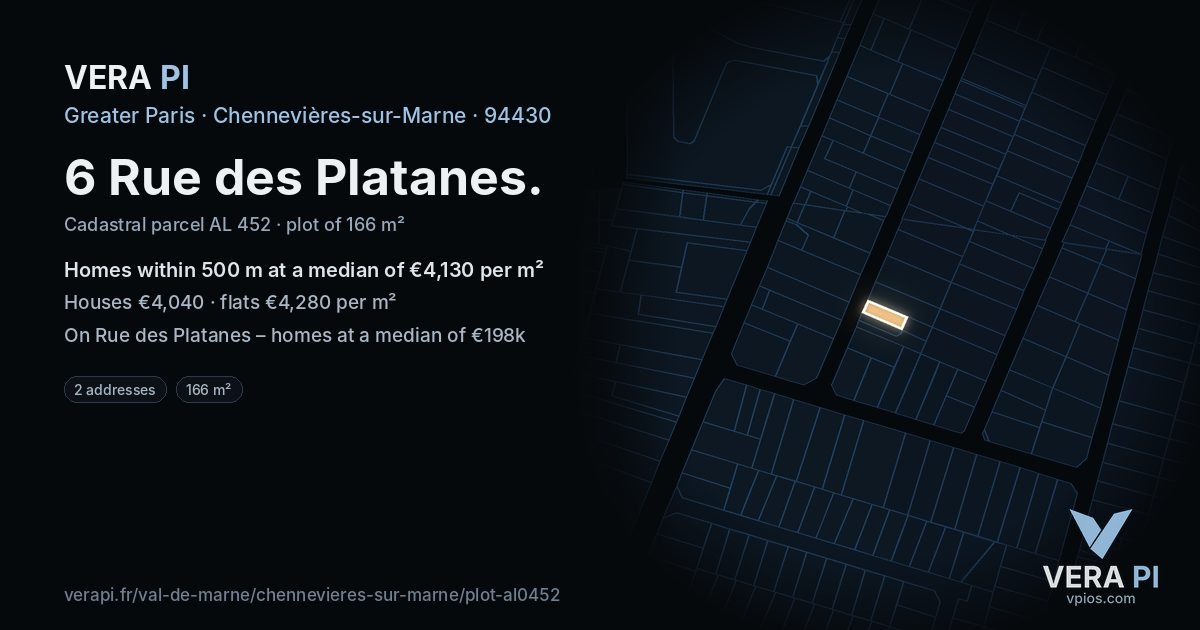 6 Rue des Platanes, Chennevières-sur-Marne at night – the plot lit, the parcels around coloured by the prices near them