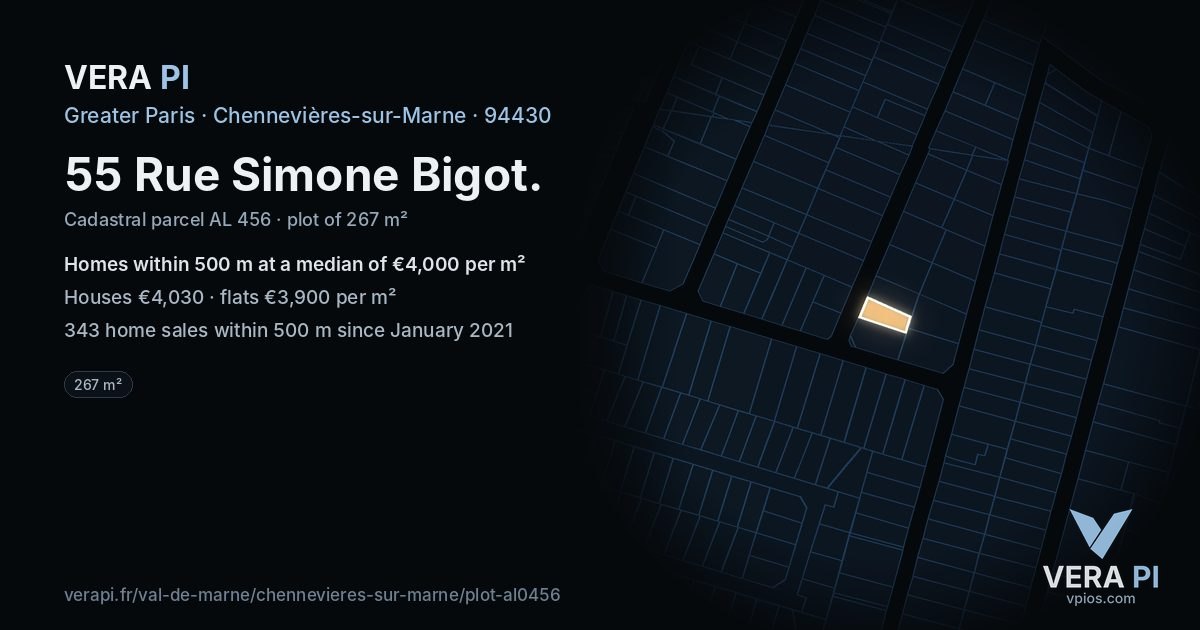 55 Rue Simone Bigot, Chennevières-sur-Marne at night – the plot lit, the parcels around coloured by the prices near them