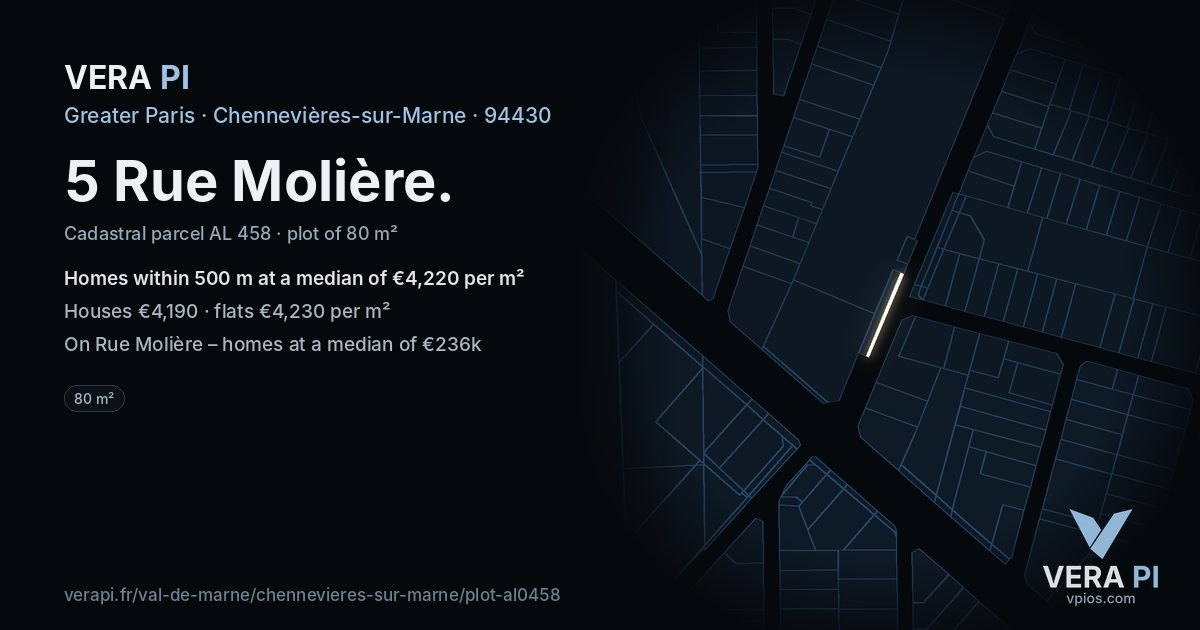 5 Rue Molière, Chennevières-sur-Marne at night – the plot lit, the parcels around coloured by the prices near them