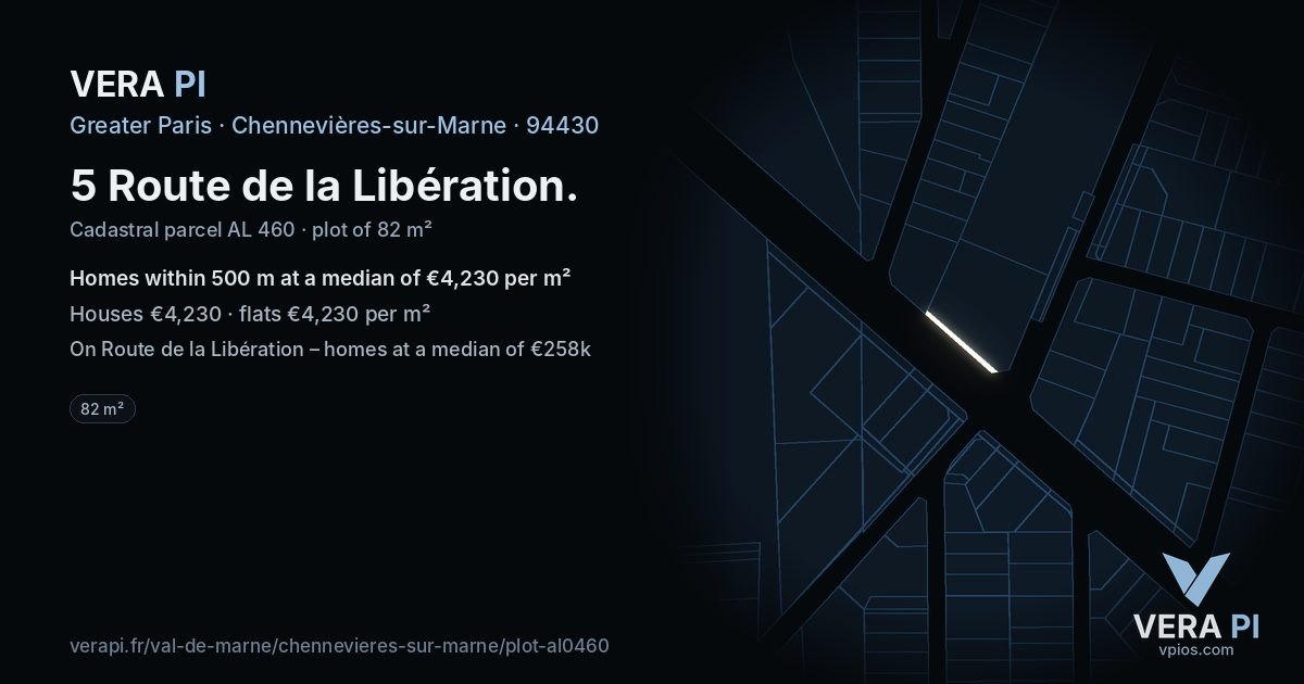 5 Route de la Libération, Chennevières-sur-Marne at night – the plot lit, the parcels around coloured by the prices near them