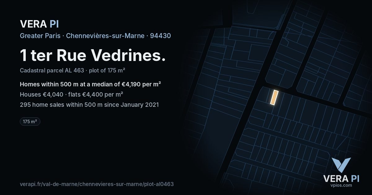 1 ter Rue Vedrines, Chennevières-sur-Marne at night – the plot lit, the parcels around coloured by the prices near them