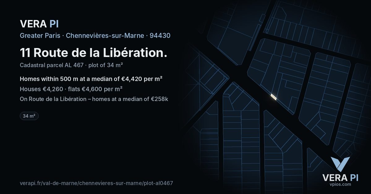 11 Route de la Libération, Chennevières-sur-Marne at night – the plot lit, the parcels around coloured by the prices near them