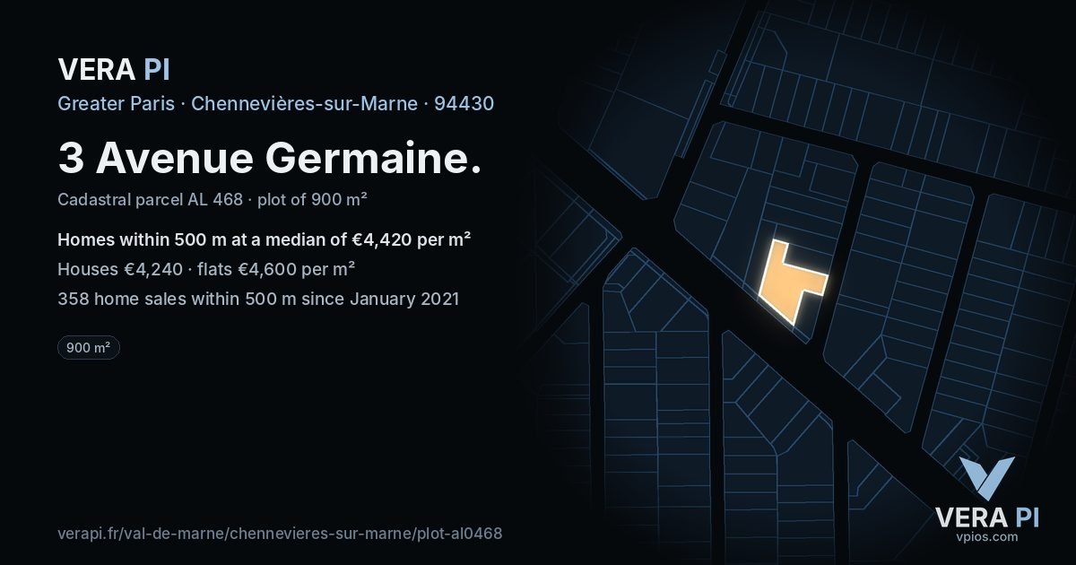3 Avenue Germaine, Chennevières-sur-Marne at night – the plot lit, the parcels around coloured by the prices near them