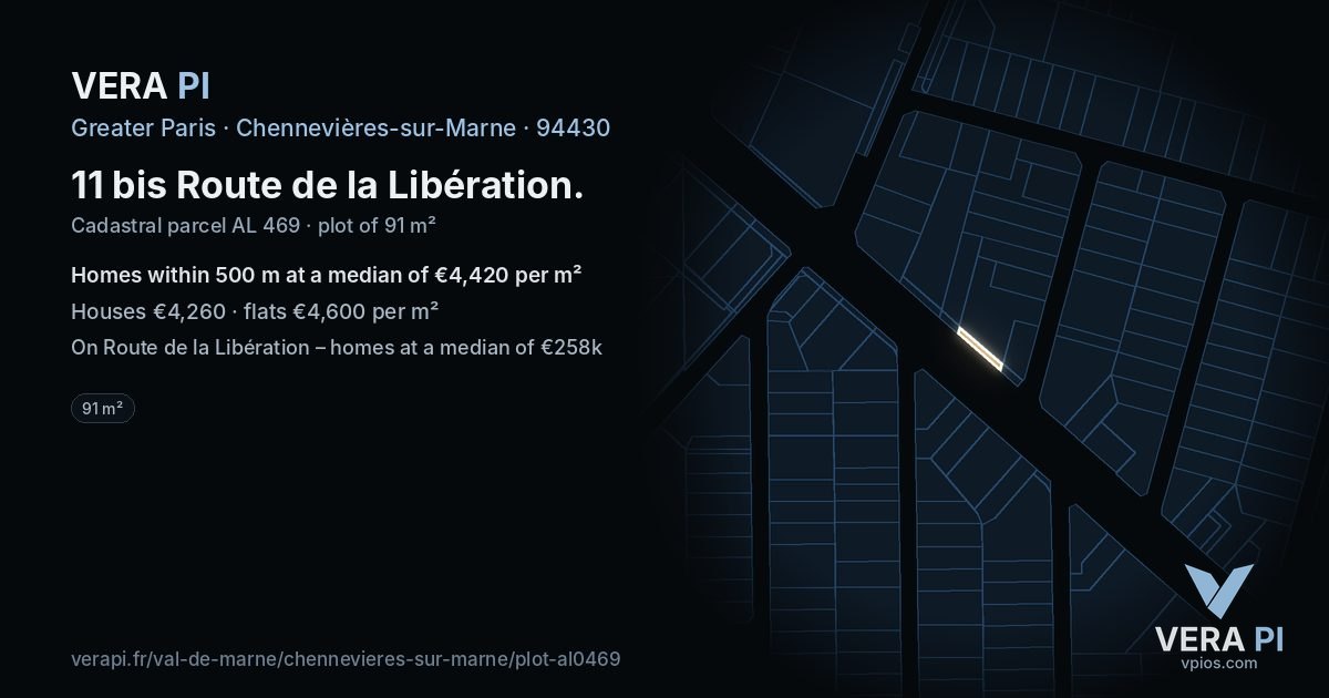 11 bis Route de la Libération, Chennevières-sur-Marne at night – the plot lit, the parcels around coloured by the prices near them