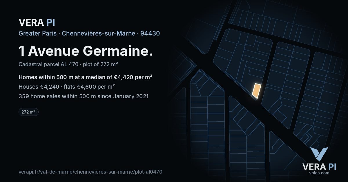 1 Avenue Germaine, Chennevières-sur-Marne at night – the plot lit, the parcels around coloured by the prices near them