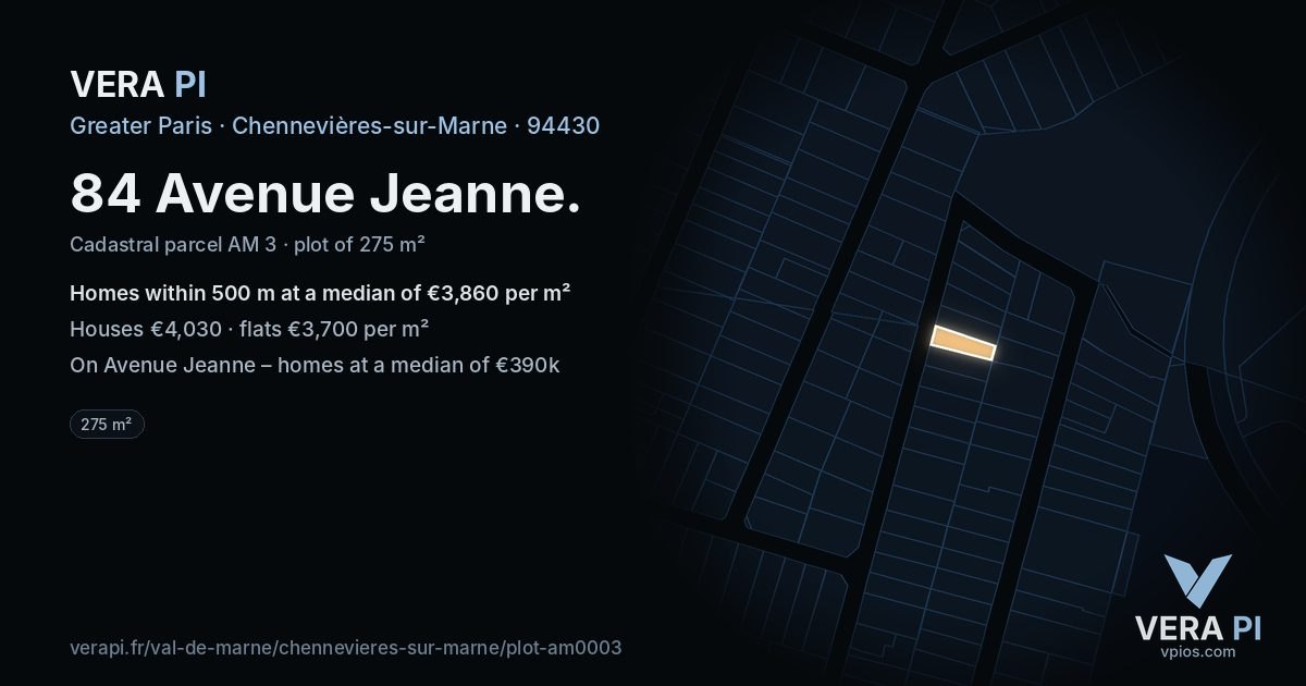 84 Avenue Jeanne, Chennevières-sur-Marne at night – the plot lit, the parcels around coloured by the prices near them