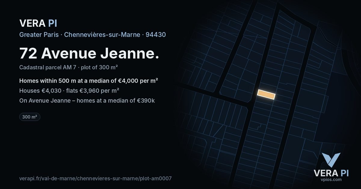 72 Avenue Jeanne, Chennevières-sur-Marne at night – the plot lit, the parcels around coloured by the prices near them