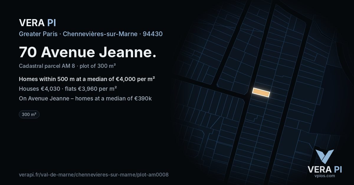 70 Avenue Jeanne, Chennevières-sur-Marne at night – the plot lit, the parcels around coloured by the prices near them