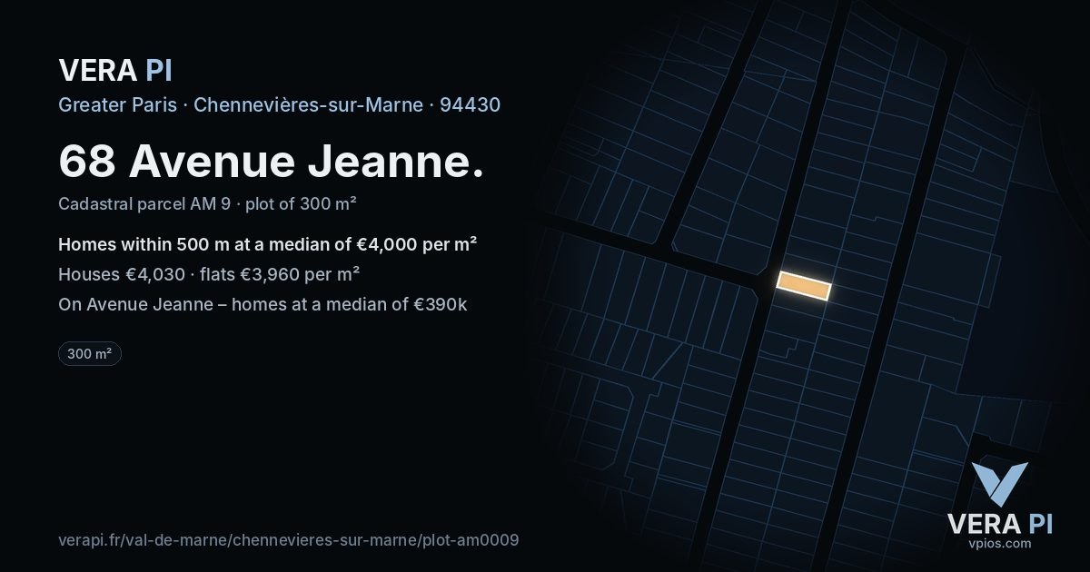 68 Avenue Jeanne, Chennevières-sur-Marne at night – the plot lit, the parcels around coloured by the prices near them