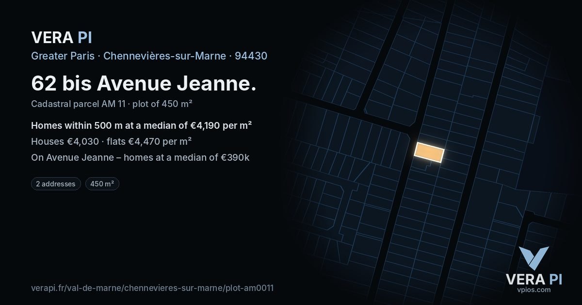 62 bis Avenue Jeanne, Chennevières-sur-Marne at night – the plot lit, the parcels around coloured by the prices near them