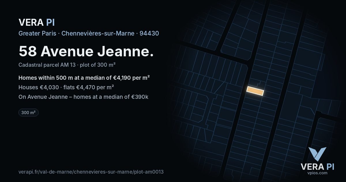 58 Avenue Jeanne, Chennevières-sur-Marne at night – the plot lit, the parcels around coloured by the prices near them
