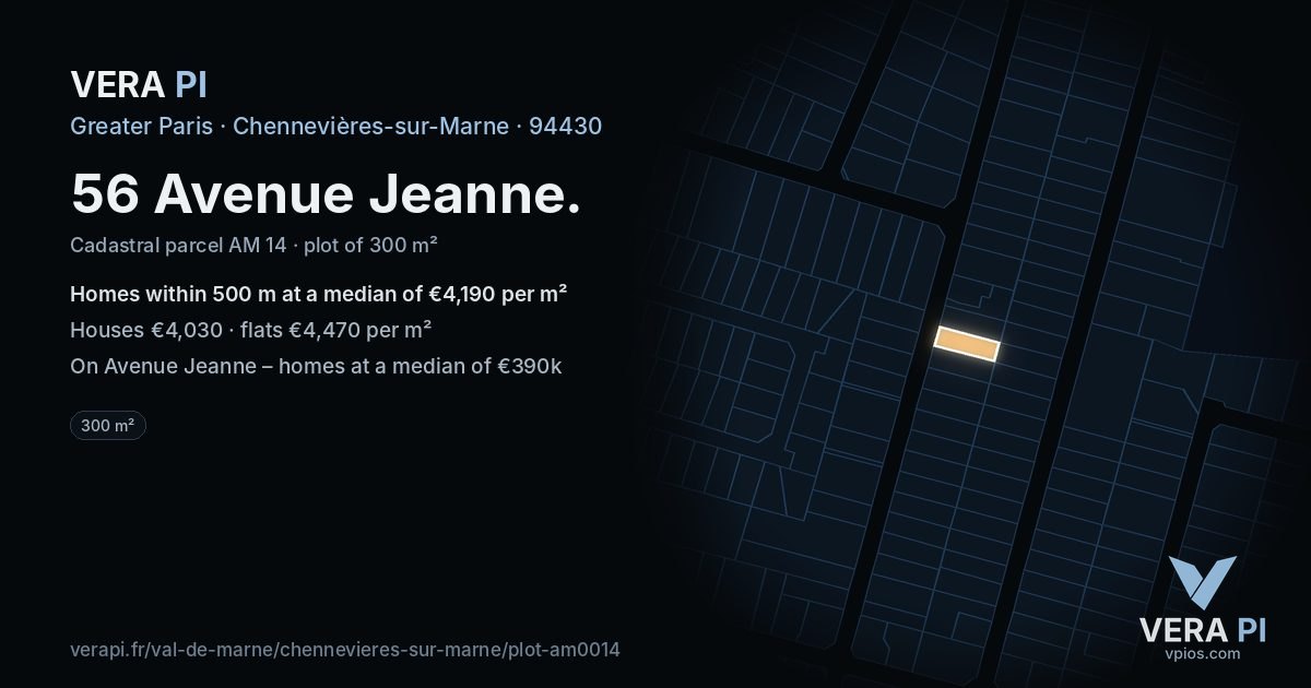 56 Avenue Jeanne, Chennevières-sur-Marne at night – the plot lit, the parcels around coloured by the prices near them