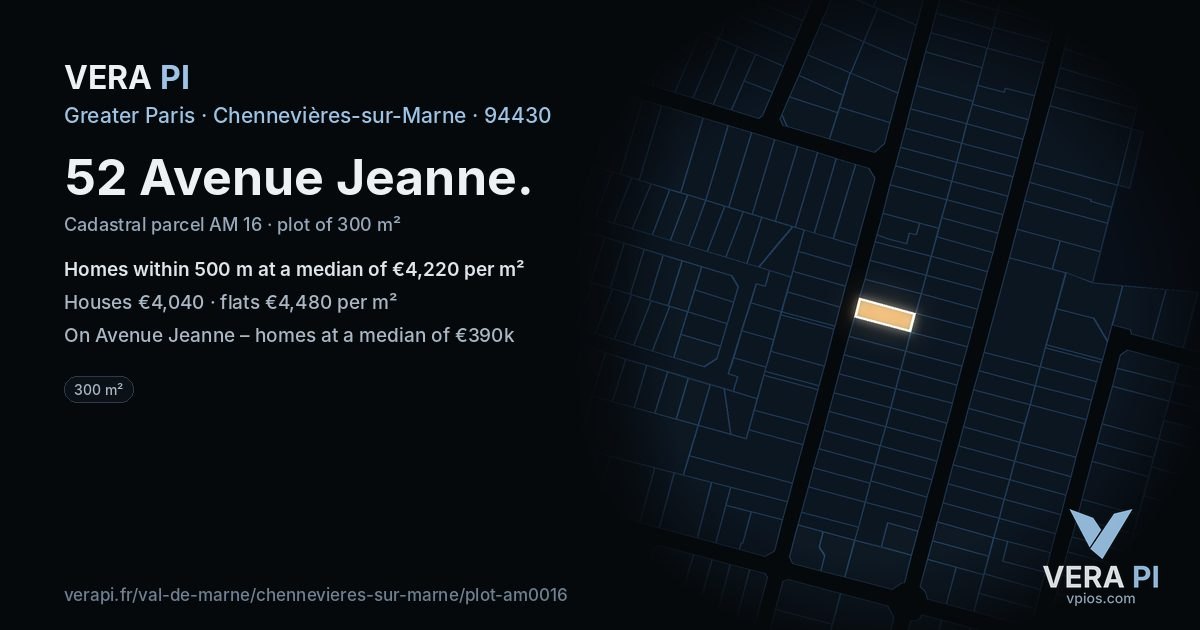 52 Avenue Jeanne, Chennevières-sur-Marne at night – the plot lit, the parcels around coloured by the prices near them