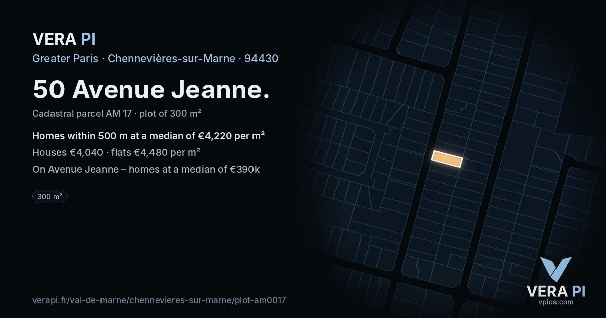 50 Avenue Jeanne, Chennevières-sur-Marne at night – the plot lit, the parcels around coloured by the prices near them