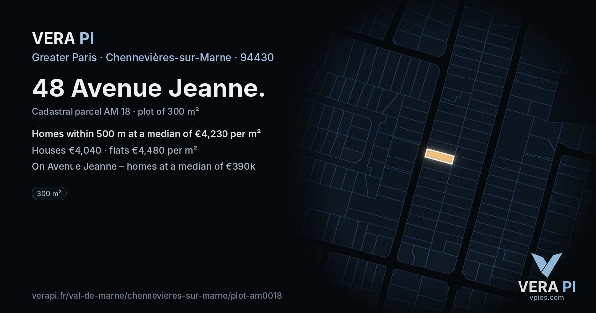 48 Avenue Jeanne, Chennevières-sur-Marne at night – the plot lit, the parcels around coloured by the prices near them