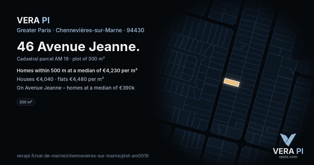 46 Avenue Jeanne, Chennevières-sur-Marne at night – the plot lit, the parcels around coloured by the prices near them