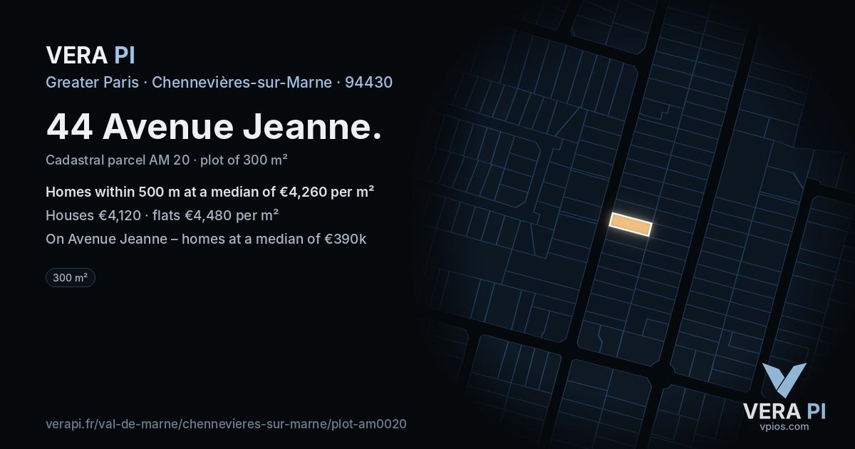 44 Avenue Jeanne, Chennevières-sur-Marne at night – the plot lit, the parcels around coloured by the prices near them