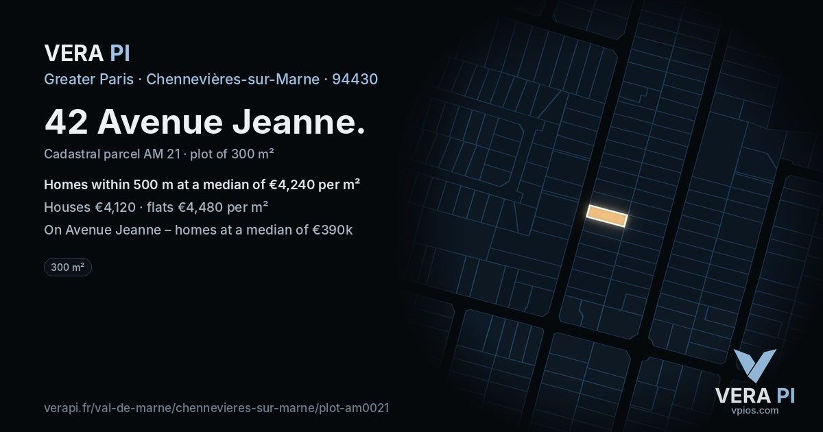 42 Avenue Jeanne, Chennevières-sur-Marne at night – the plot lit, the parcels around coloured by the prices near them