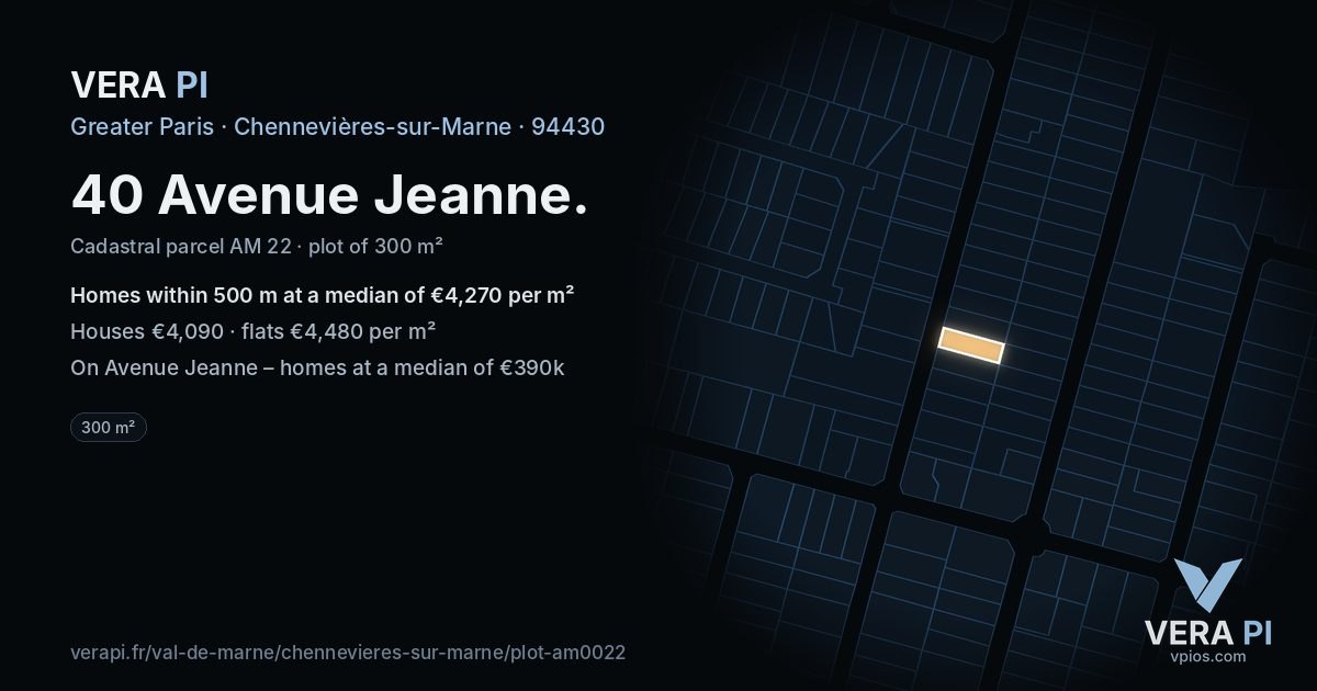 40 Avenue Jeanne, Chennevières-sur-Marne at night – the plot lit, the parcels around coloured by the prices near them