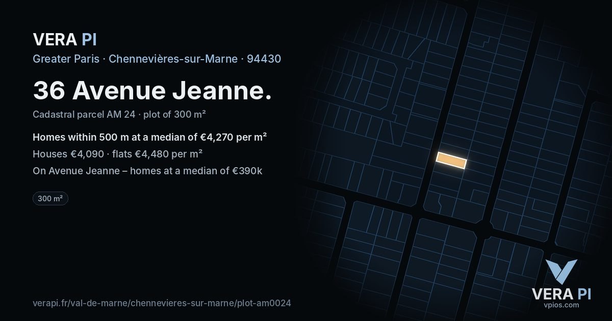 36 Avenue Jeanne, Chennevières-sur-Marne at night – the plot lit, the parcels around coloured by the prices near them