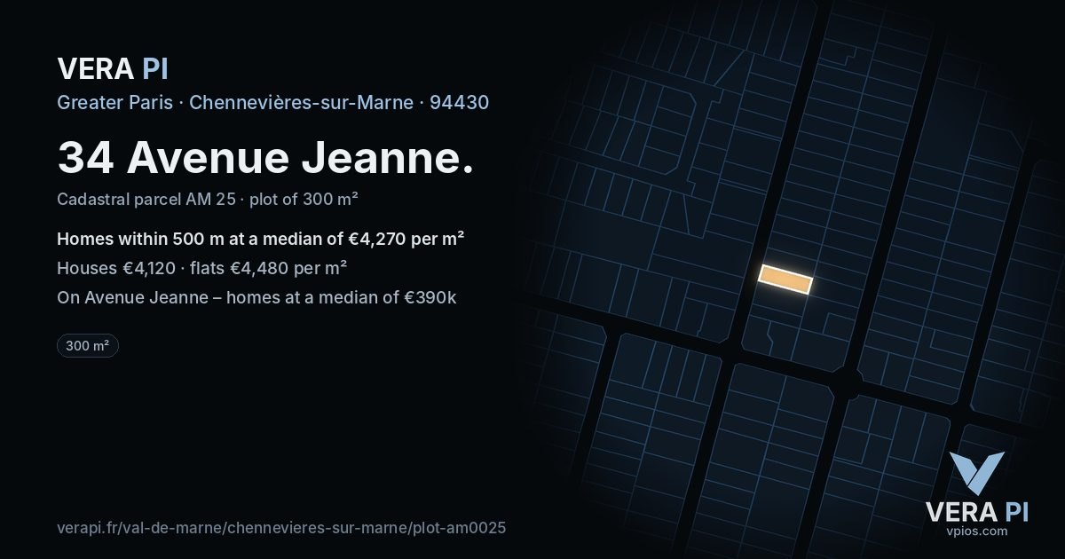 34 Avenue Jeanne, Chennevières-sur-Marne at night – the plot lit, the parcels around coloured by the prices near them