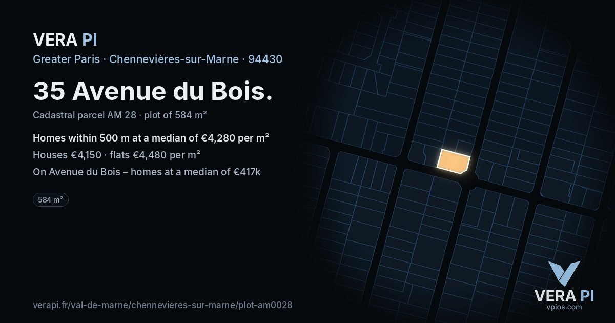 35 Avenue du Bois, Chennevières-sur-Marne at night – the plot lit, the parcels around coloured by the prices near them