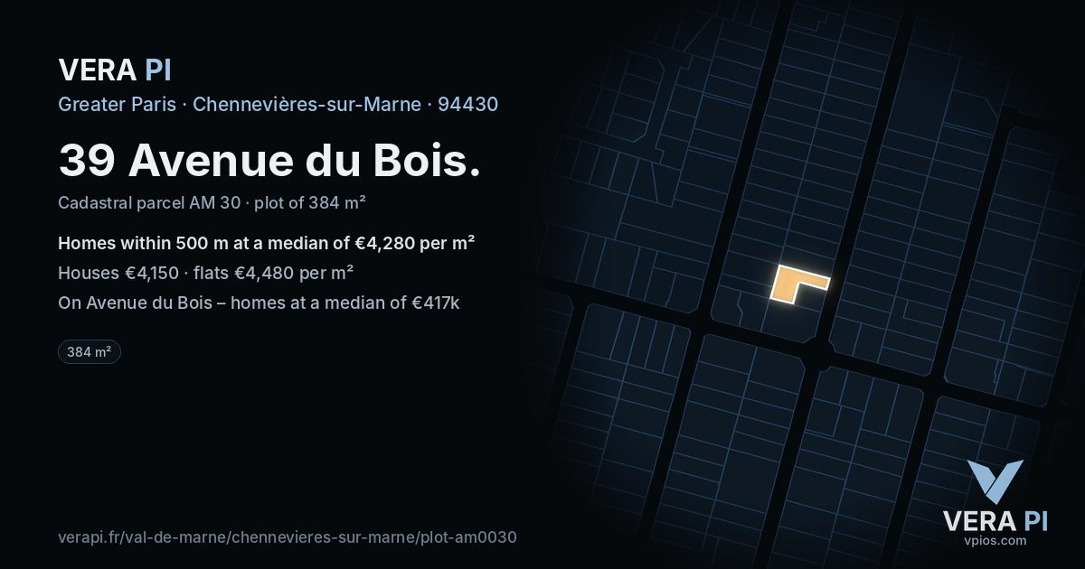 39 Avenue du Bois, Chennevières-sur-Marne at night – the plot lit, the parcels around coloured by the prices near them