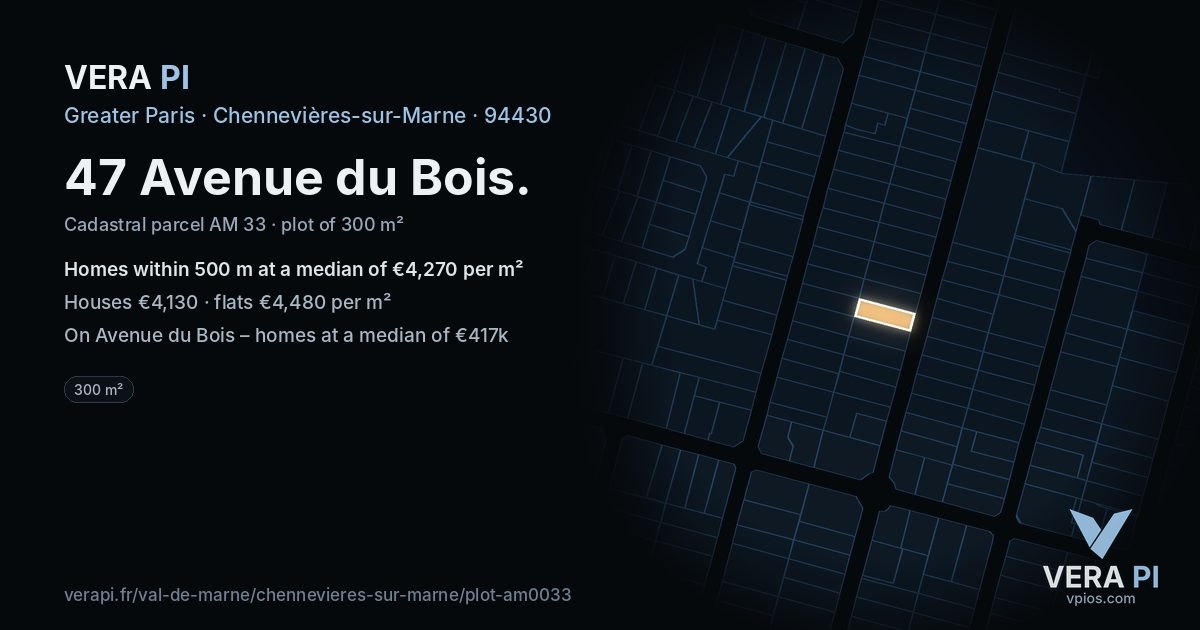 47 Avenue du Bois, Chennevières-sur-Marne at night – the plot lit, the parcels around coloured by the prices near them