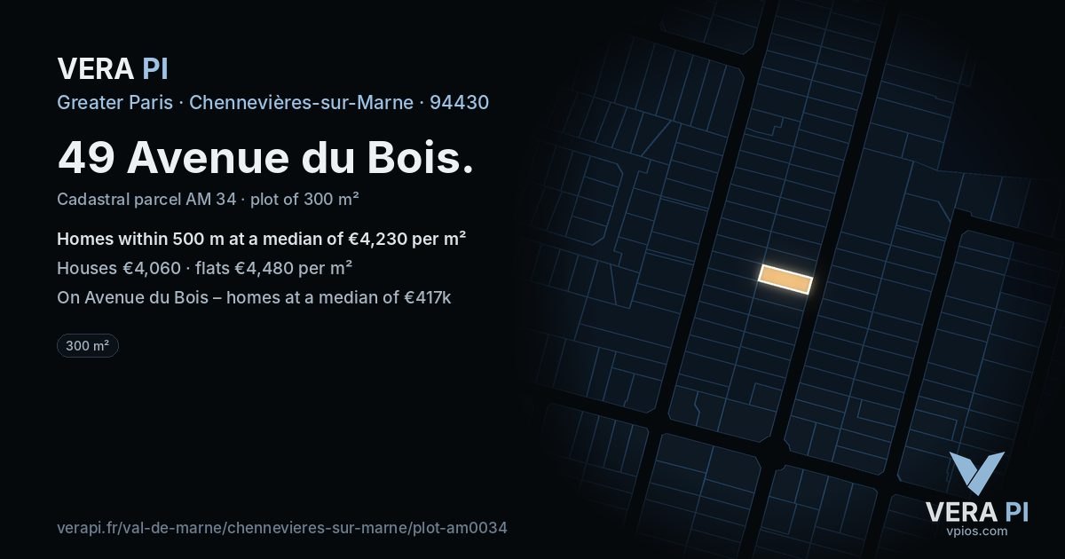 49 Avenue du Bois, Chennevières-sur-Marne at night – the plot lit, the parcels around coloured by the prices near them