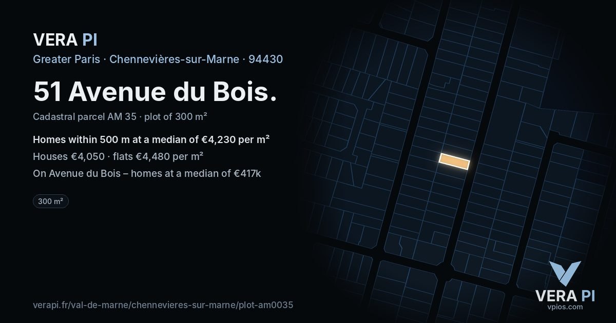 51 Avenue du Bois, Chennevières-sur-Marne at night – the plot lit, the parcels around coloured by the prices near them
